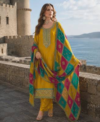 Mustard embroidered soft organza semi stitched salwar suit 1