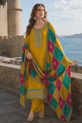 Mustard embroidered soft organza semi stitched salwar suit