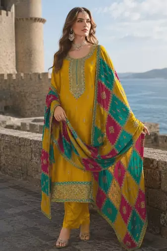 Mustard embroidered soft organza semi stitched salwar suit