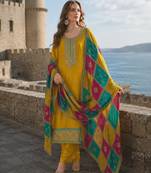 Mustard embroidered soft organza semi stitched salwar suit