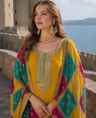Mustard embroidered soft organza semi stitched salwar suit 2