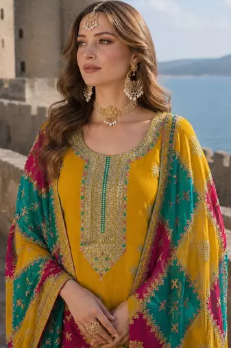 Mustard embroidered soft organza semi stitched salwar suit