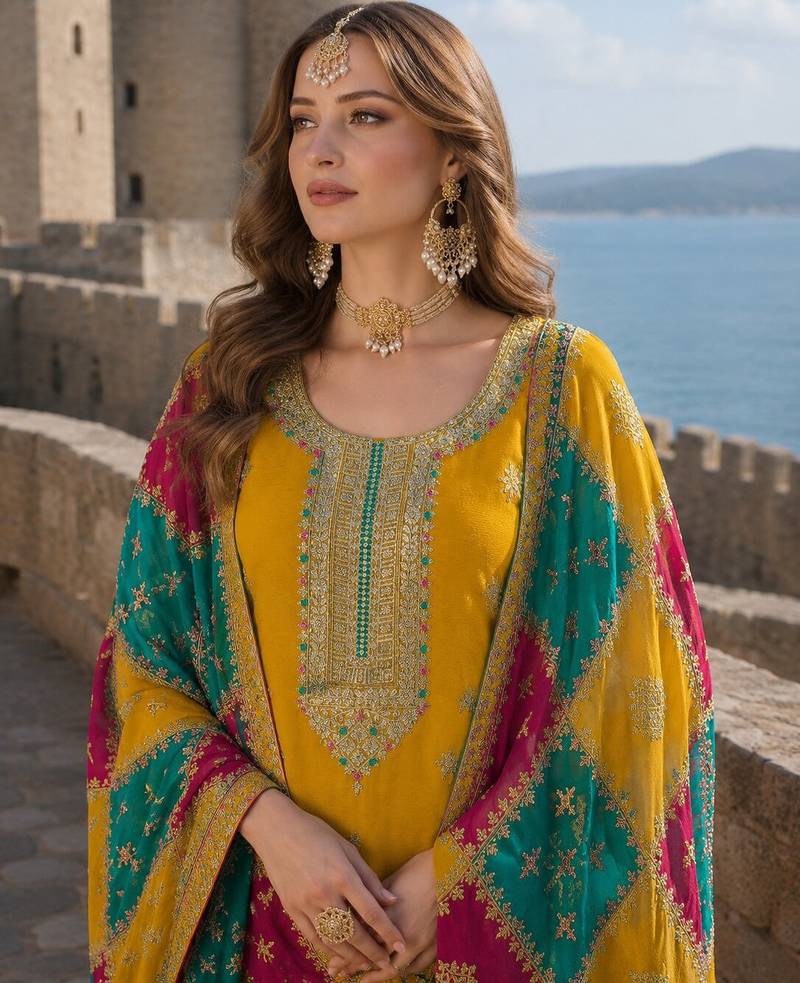 Mustard embroidered soft organza semi stitched salwar suit