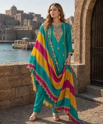 Blue embroidered soft organza semi stitched salwar suit 1
