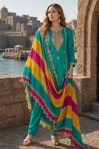 Blue embroidered soft organza semi stitched salwar suit