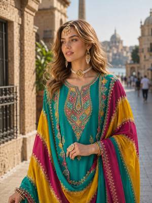 Blue embroidered soft organza semi stitched salwar suit 2