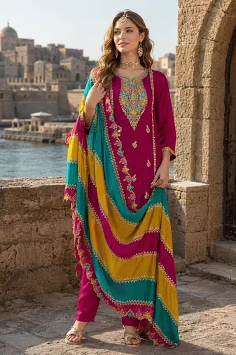 Wine embroidered soft organza semi stitched salwar suit