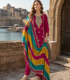 Wine embroidered soft organza semi stitched salwar suit
