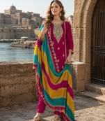 Wine embroidered soft organza semi stitched salwar suit