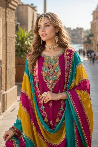 Wine embroidered soft organza semi stitched salwar suit