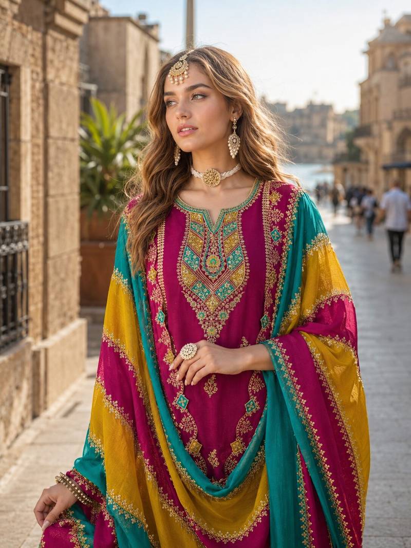 Wine embroidered soft organza semi stitched salwar suit