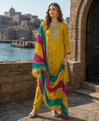 Mustard embroidered soft organza semi stitched salwar suit 1