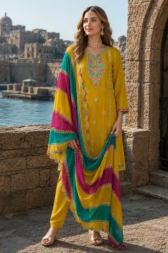 Mustard embroidered soft organza semi stitched salwar suit