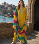 Mustard embroidered soft organza semi stitched salwar suit