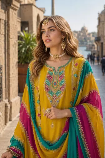 Mustard embroidered soft organza semi stitched salwar suit