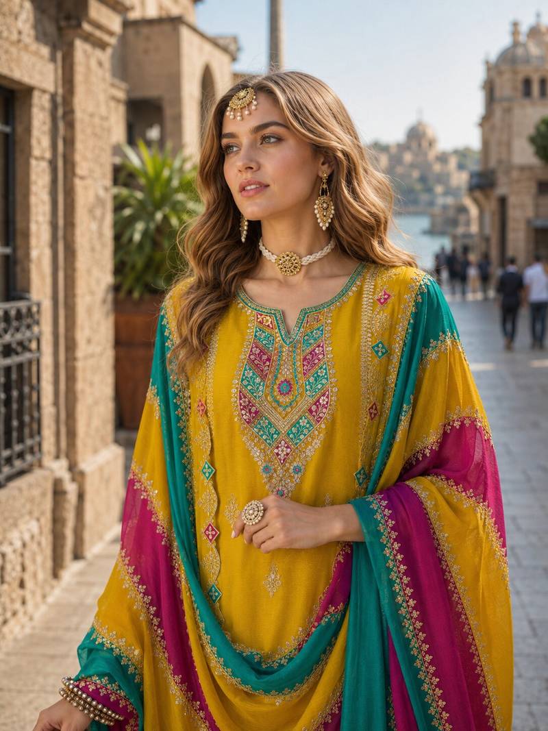 Mustard embroidered soft organza semi stitched salwar suit