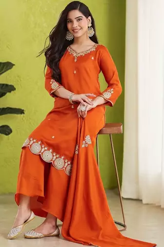 Women Ethnic Motifs Embroidered Regular Thread Work Kurta with Palazzos & With Dupatta