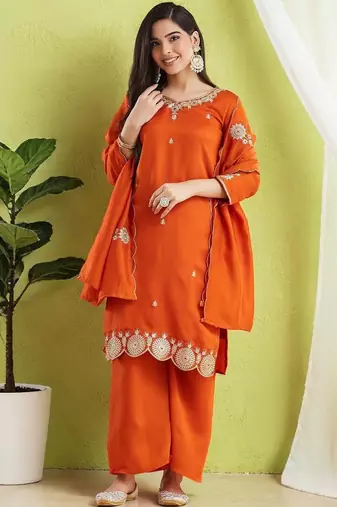 Women Ethnic Motifs Embroidered Regular Thread Work Kurta with Palazzos & With Dupatta