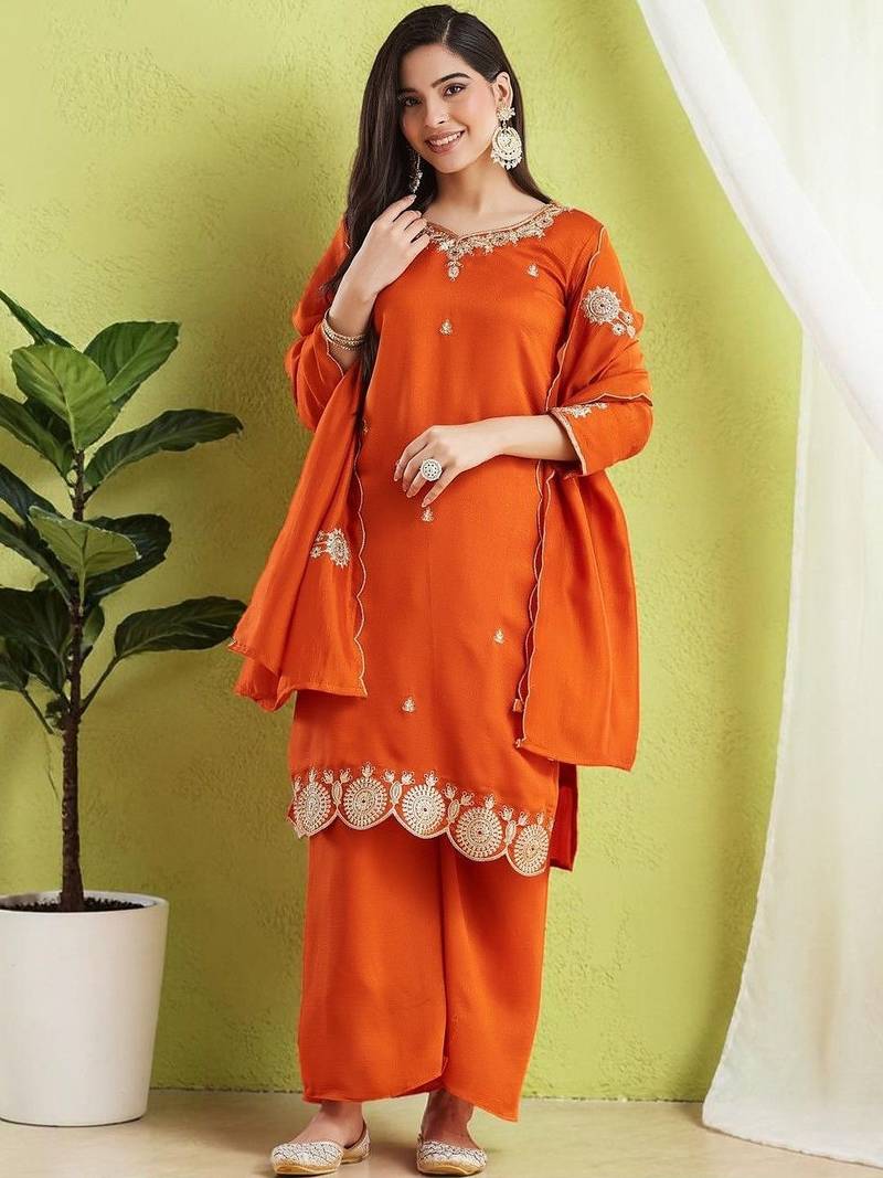 Women Ethnic Motifs Embroidered Regular Thread Work Kurta with Palazzos & With Dupatta