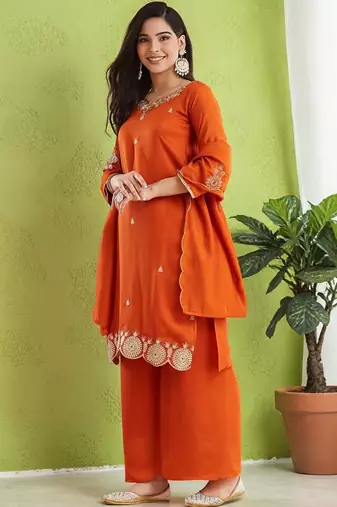 Women Ethnic Motifs Embroidered Regular Thread Work Kurta with Palazzos & With Dupatta