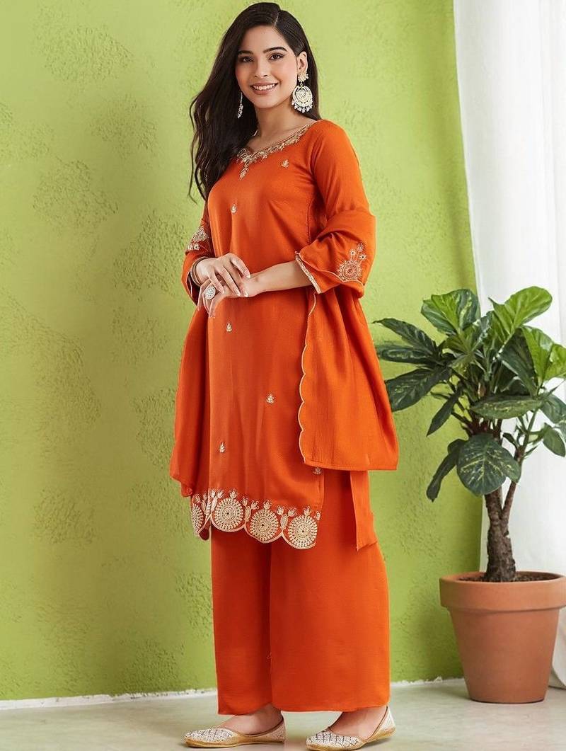 Women Ethnic Motifs Embroidered Regular Thread Work Kurta with Palazzos & With Dupatta
