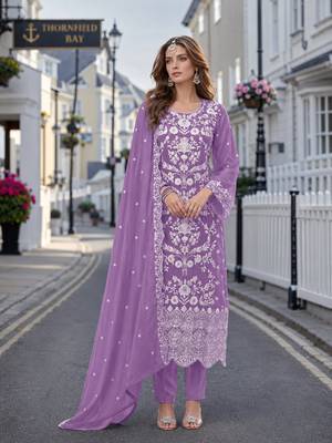 Lavender embroidered soft organza semi stitched salwar suit 1