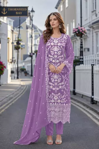 Lavender embroidered soft organza semi stitched salwar suit