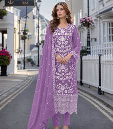 Lavender embroidered soft organza semi stitched salwar suit
