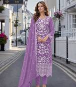 Lavender embroidered soft organza semi stitched salwar suit