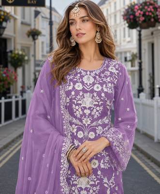 Lavender embroidered soft organza semi stitched salwar suit 2