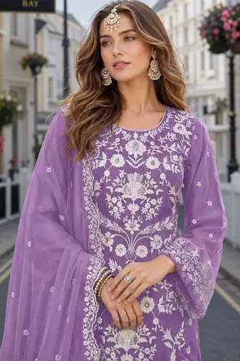 Lavender embroidered soft organza semi stitched salwar suit
