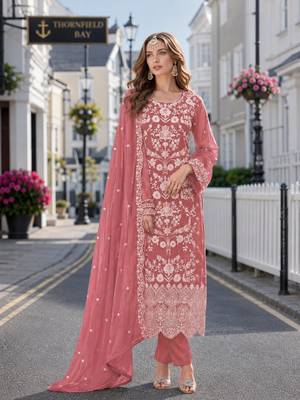 Peach embroidered soft organza semi stitched salwar suit 1