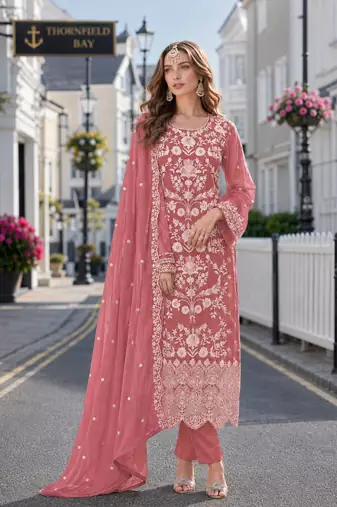 Peach embroidered soft organza semi stitched salwar suit