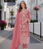 Peach embroidered soft organza semi stitched salwar suit