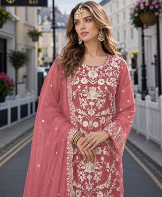Peach embroidered soft organza semi stitched salwar suit 2