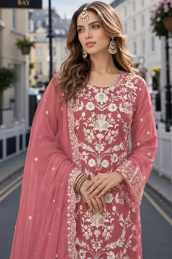 Peach embroidered soft organza semi stitched salwar suit