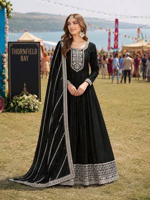 Black embroidered art silk semi stitched anarkali suit 1