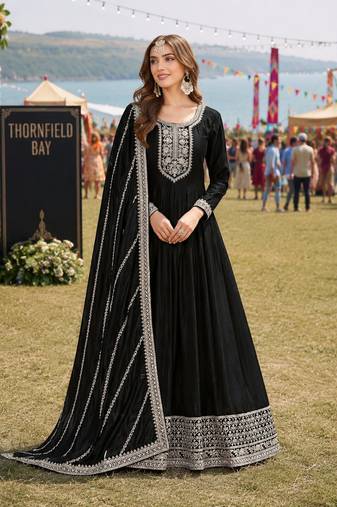 Black embroidered art silk semi stitched anarkali suit