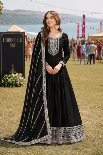 Black embroidered art silk semi stitched anarkali suit