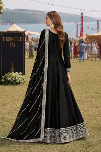 Black embroidered art silk semi stitched anarkali suit