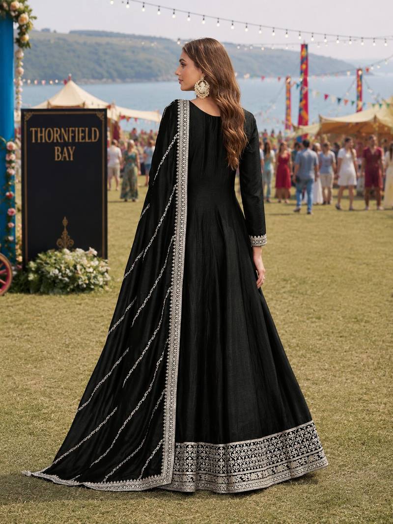 Black embroidered art silk semi stitched anarkali suit
