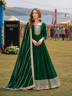 Green embroidered art silk semi stitched anarkali suit 1