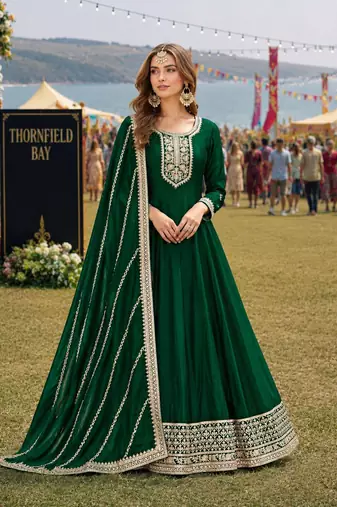 Green embroidered art silk semi stitched anarkali suit