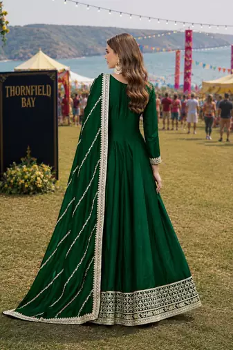 Green embroidered art silk semi stitched anarkali suit