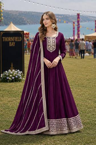 Wine embroidered art silk semi stitched anarkali suit