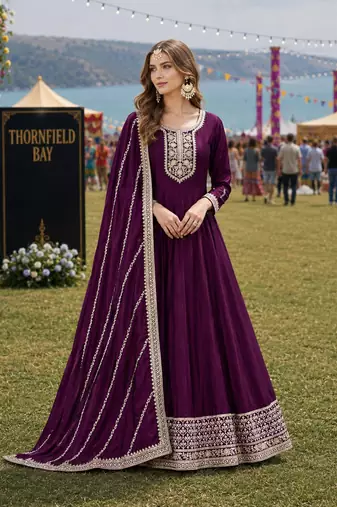 Wine embroidered art silk semi stitched anarkali suit