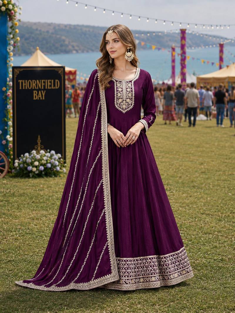 Wine embroidered art silk semi stitched anarkali suit