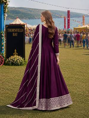 Wine embroidered art silk semi stitched anarkali suit 2