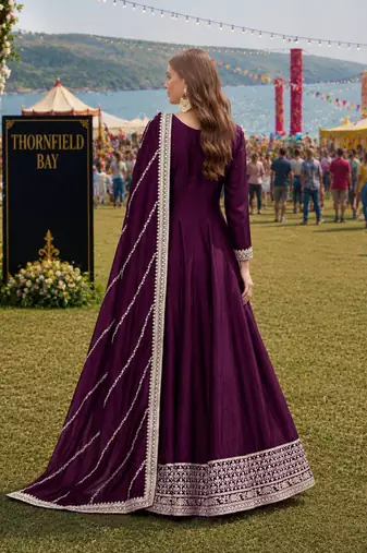 Wine embroidered art silk semi stitched anarkali suit
