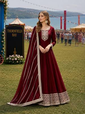Maroon embroidered art silk semi stitched anarkali suit 1